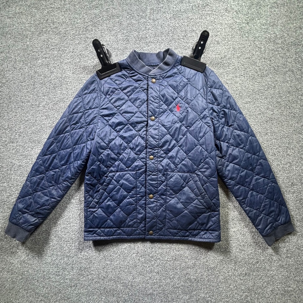 Polo Ralph Lauren Quilted Jacket Boys Large 14/16 Navy Blue Red Pony Snap Button